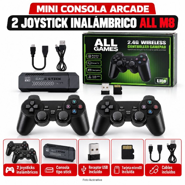 &ua MINI CONSOLA ARCADE 2 JOYSTICK INALAMBRICO ALL M8